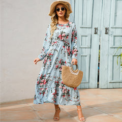 Sping Summer Bohemian Women Maxi Dress Casual Long Sleeve Waist Beach Woman Chiffon Dresses Floral Vestidoes Mujer New