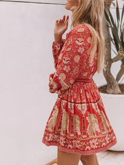 فستان نسائي قصير بنمط بوهو مطبوع عليه زهور فستان كاجوال برقبة دائرية وأكمام طويلة فستان على شكل حرف A للسيدات بأزرار للحفلات