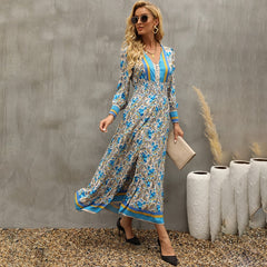 فستان نسائي طويل ماكسي بنمط بوهو مطبوع عليه زهور أنيق على شكل حرف V Nekc فساتين بأكمام طويلة فستان نسائي أنيق بفتحة أمامية على شكل حرف A