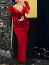AOMEI Velvet Dress Women Red Christmas Evening Party Deep V Neck Ruffles Long Sleeve High Waist Bodycon Cocktail Event Gowns