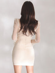 Mesh Elegant Women Evening Dress Sheer Ruffle Lace-up Flare Sleeve Folds Bodycon Slim Mini Femme Sexy Street Para Mujer Vestidos