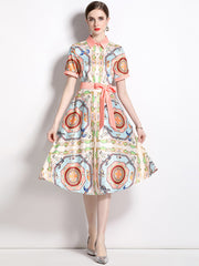 European and American fashion 100 show thin positioning printed cardigan short-sleeved dress with belt