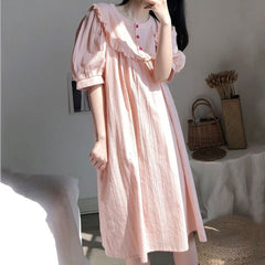 QWEEK Cotton Night Dress Women Korean Sleepwear Girls Style Nightgown Nightie Puff Sleeve Nightwear Loungwear