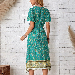 فستان صيفي نسائي بوهو مطبوع عليه زهور على شكل حرف A أنيق بياقة على شكل V وأكمام قصيرة على شكل فراشة فستان شاطئ كاجوال للسيدات