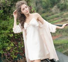 Summer two-piece women's suspender nightdress silk satin nightgown home service