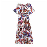 المرأة بوهو نمط الأزهار المطبوعة فساتين متوسطة الطول الخامس الرقبة قصيرة الأكمام فساتين خمر الإناث أنيقة ألف خط فستان الحفلات
