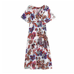 Women Boho Style Floral Printed Midi Dresses V Neck Short Sleeve Vintage Dresses Female Elegant A Line Party Dress