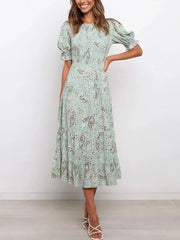 Women Boho Style Floral Printed Midi Dress Casual O Neck Butterfly Short Sleeve Dress Lady Fashion Elegant A Line Dress