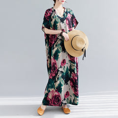 2023 women's summer new cotton and linen dress with large flowers stitching V-neck cotton and linen comfortable robe plus size dress