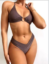 European and American hot style split solid color bikini high waist gather small women's swimsuit