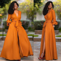 Autumn and winter new women's popular deep V long sleeve waist solid color cardigan dress long skirt Fashion High Quality