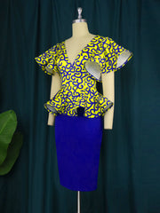 فساتين مطبوعة مثيرة ضيقة للنساء في المكتب مرقعة بفتحة عميقة على شكل V وأكمام قصيرة أوشحة حول الركبة للمواعدة ملابس نادي الأعمال