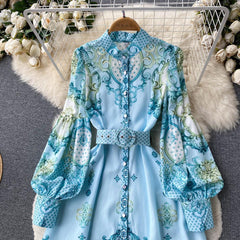 Ethnic style long-sleeved dress summer French print dress