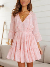 Women Sweet Pink Color Mini Dress Casual V Neck Flarel Sleeve Dress With Bow Sashes Ladies Fashion Elegant A Line Dress