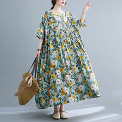 فستان نسائي صيفي جديد موديل 2022 مقاس كبير بتصميم عتيق على الطراز العربي الرمضاني مطبوع عليه زهور يوميًا فضفاض ورقيق بأكمام قصيرة متوسط الطول