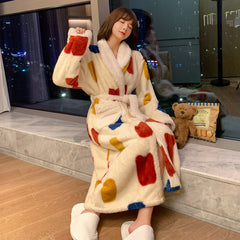 Coral fleece pajamas women's winter flannel plus velvet warm long section sweet bathrobe autumn pajamas