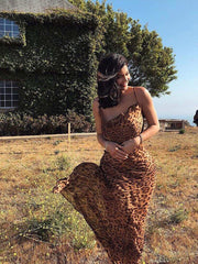 Leopard Print V-Neck Sexy Bodycon Long Dress Women Lace Up Backless Summer Dresses Female Straps Party Beach Vestidos