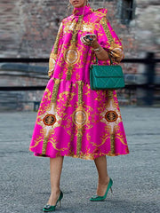 VONDA Bohemian Printed Summer Dress Women Stand Collar Lace Up Lantern Sleeve Vintage Sundress Elegant Pleated Midi Robe