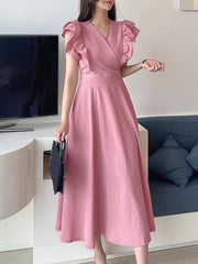 ZANZEA Women Elegant Dresses Solid V-Neck Ruffle Sleeve Short Sleeve High Waist Double Layer Ruffles Mid-Calf Length Dress Fitting Ladies Vestido