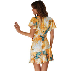 جديد قصير الأكمام الخامس الرقبة تنورة غير النظامية الدانتيل يصل فستان الطباعة المرأة