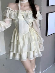 Long Sleeve Elegant Mini Dress Lolita Solid Color Short Party Dress Ladies Casual 2023 Spring Sweet Dress Korean Fashion