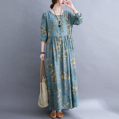 Ladies, Japan and South Korea, autumn new style art and leisure plus size women's fat MM plus fertilizer to increase printing cotton and linen long-sleeved temperament dress