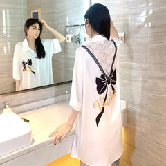 Ramadan New Nightdress Women Summer Ice Silk Thin Sexy White Shirt Mid-length Summer Internet Celebrity Pajamas