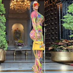 2023 النمط الأوروبي والأمريكي مثير الجولة الرقبة نحيل الجوف فستان طويل Pteris طباعة كم طويل الورك تنّورة مجسّمة الشارع العصرية فستان المرأة