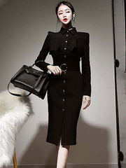 Fashion Women Vintage Single Breasted Ruffle Midi Party Dress Elegant Temperament Belt Black Skinny Bodycon Female Pencil Dress