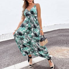 فستان بوهو زهري عتيق بدون أكمام أنيق للنساء للصيف بدون أكتاف وفتحة رقبة على شكل V فساتين شاطئ كاجوال للسيدات فستان طويل بدون أكمام