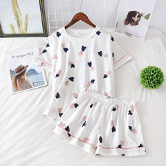 Women's Pajamas Cotton Sleepwear Suit Home Clothes Heart Print Pijama Mujer Summer Pyjamas Femme Nightgown