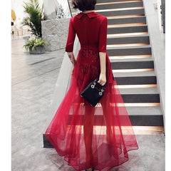 Women's front short and back long fashionable party dress V-neck mid-sleeve fringed sequin birthday party dress Slim bag hip skirt