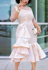 Women's Long Dress European and American Net Red Sexy Beaded Hip Cover Long Sleeve Round Neck Dress