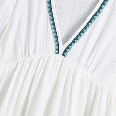 Women White Dress Summer Casual Loose Embroidered Cotton Mini Dresses Ladies Boho Sexy Deep V-neck Beach Dress Vestidos