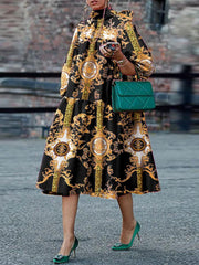 VONDA Bohemian Printed Summer Dress Women Stand Collar Lace Up Lantern Sleeve Vintage Sundress Elegant Pleated Midi Robe