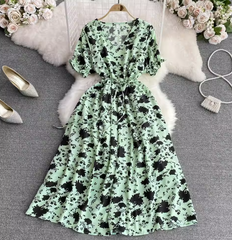 Spring and summer new women's gentle wind V-neck waist slimming a-line elegant temperament floral long dress