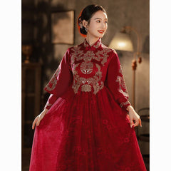 Chinese style cheongsam toast suit bride pregnant women high waist large size fat mm winter cover belly Xiuhe red wedding dress