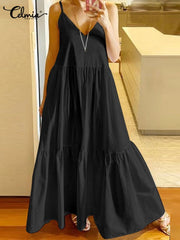 Celmia Elegant Dresses For Women 2022 Vacation V Neck Sleeveless Sundress Pleated A-Line Vestidos Bohemian Party Casual Summer Plus Size Long Dresses