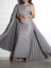 Silver Elegant Satin Cape Slim Hip Dress