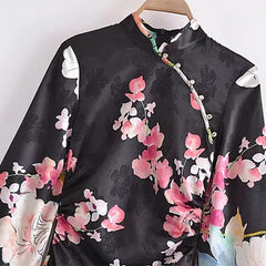 Women Chinese Traditional Floral Printed Qipao Button Up Long Sleeve Mini Dresses Female Elegant Party Dresses