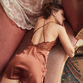 Summer sexy pajamas lace nightgown women's new underwear halter lace V-neck pajamas satin pajamas with pad home clothes