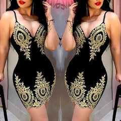 Women's Slim Print Fashion Sling Spaghetti Bodycon Lace Strappy Ladies Evening Party Mini Short Dress Size S XL V Neck