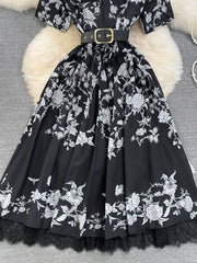 High-end light luxury temperament short-sleeved V-neck waist slimming lace stitching printed A-line dress elegant long skirt