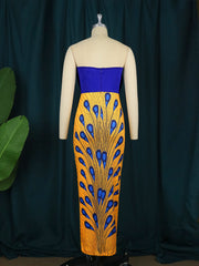 AOMEI Women's Dresses Printed Peacock Patchwork Tube Tops Backless Bodycon Blue Yellow Contrast Color Birthday Night Club Robes