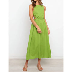 2023 Summer New Women's Fashion Sexy Solid O Neck Sleeveless Backless Hollow Out Tunic Elastic Waist Dress Lady Bodycon