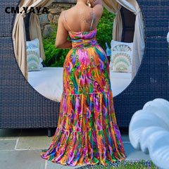 Elegant Women Spaghetti Strap Cutout Waist High Waist Big Fit and Flare Maxi Long Dress 2022 Beach Sexy Boho Dress