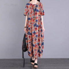 Real shot 2023 summer large size loose dress new retro color printing round neck mid-length short-sleeved cotton and linen dress women