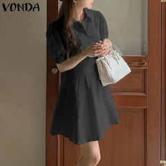 VONDA Elegant Dresses For Women 2022 Sexy Solid Pleated Puff Sleeve Button A-Line Dresses Bohemian Party Vestidos Summer Plus Size Dresses