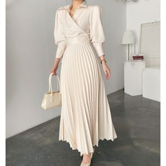 Elegant fashion women's puff sleeve pleated long skirt lapel spring and autumn office Ladeis dress black