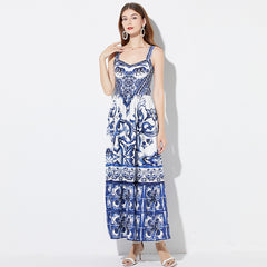 Printed Positioning Sling Slim Waist Dress Elastic Back A-Line Skirt